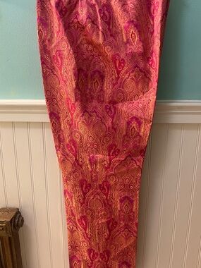 Escada Fuchsia and Gold Paisley Silk Jacquard Pants